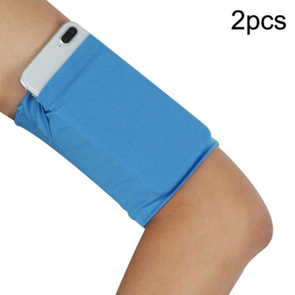 Elastic Phone Armband for Outdoors-Secure Fit for Running, Cycling, and Everyday Use - blue elastic armband holding smartphone on upper arm for hands-free workouts