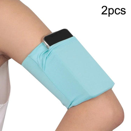 Elastic Phone Armband for Outdoors-Secure Fit for Running, Cycling, and Everyday Use - light blue elastic armband holding phone on upper arm for running and cycling