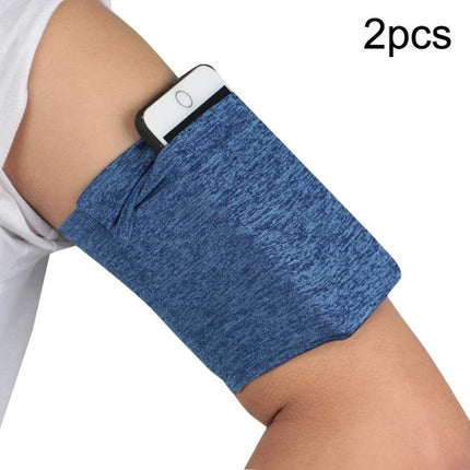 Elastic Phone Armband for Outdoors-Secure Fit for Running, Cycling, and Everyday Use - blue elastic arm phone holder showing phone in pocket, snug fit
