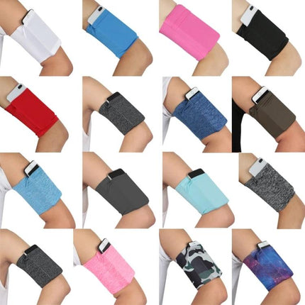 Elastic Phone Armband for Outdoors-Secure Fit for Running, Cycling, and Everyday Use showing multiple color options on arms holding smartphones