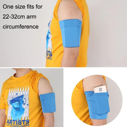 Elastic Phone Armband for Outdoors-Secure Fit for Running, Cycling, and Everyday Use - blue arm band shown holding phone during outdoor exercise