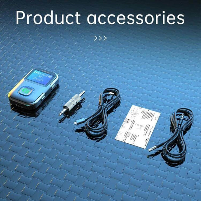 Bluetooth Audio Receiver With Screen For Everyday Listening showing compact receiver with display, 3.5mm cables, adapter and manual accessory set
