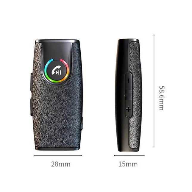 Car Bluetooth Receiver For In Car Audio Wireless Adapter compact black Bluetooth 5.3 receiver with USB-C, AUX, volume buttons and dimensions 28×15×58.6mm