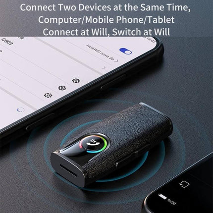 Car Bluetooth Receiver For In Car Audio Wireless Adapter showing compact Bluetooth 5.3 dongle between two phones for wireless music and hands-free calls