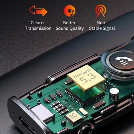Car Bluetooth Receiver For In Car Audio Wireless Adapter showing internal Bluetooth 5.3 chip, USB‑C charging, and DSP components for clearer transmission and stable signal