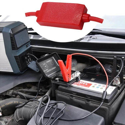 Car Emergency Starter Cable With Large Clip For Battery Connection shown attached to car battery with EC5 connector and anti-reverse plug for 12V jump-starts