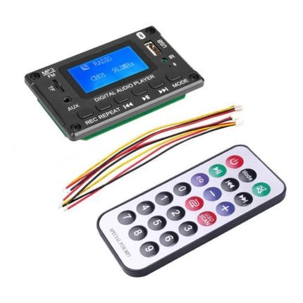 Bluetooth Music Player Module with LCD Lyrics Display Feature showing module, remote control and wiring for DIY audio projects