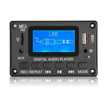 Bluetooth Music Player Module with LCD Lyrics Display Feature showing blue LCD, USB, TF slot, AUX and control buttons for DIY audio projects