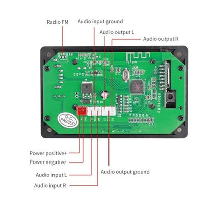 Bluetooth Music Player Module with LCD Lyrics Display Feature showing labeled PCB connectors for power, FM antenna, audio input/output and ground