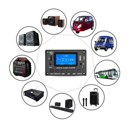 Bluetooth Music Player Module with LCD Lyrics Display Feature showing LCD screen and compatible with car, van, bus, speakers, portable PA and home audio systems