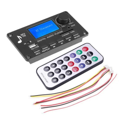 Bluetooth MP3 Decoder Board for Wireless Audio Playback - compact digital audio player module with IR remote, USB/TF card slots and wiring harness