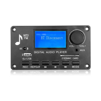 Bluetooth MP3 Decoder Board for Wireless Audio Playback front panel with LCD showing 'BT Disconnect', USB, SD slot, volume knob