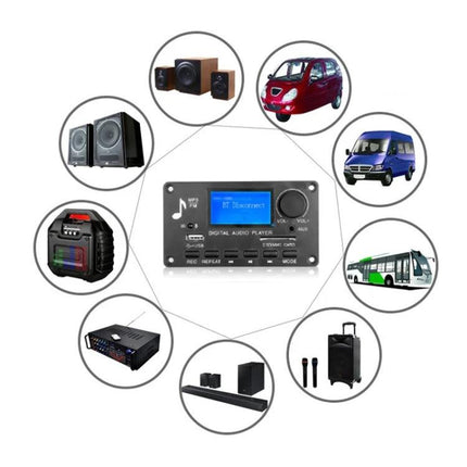 Bluetooth MP3 Decoder Board for Wireless Audio Playback compact digital audio player module showing USB TF Bluetooth inputs and car/home speaker uses