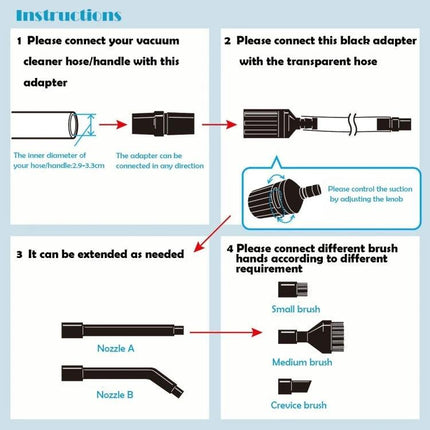 Universal 8-in-1 Vacuum Cleaner Accessories for Home Cleaning - diagram showing adapter, transparent hose connection, extendable nozzles A/B, and small/medium/crevice brushes