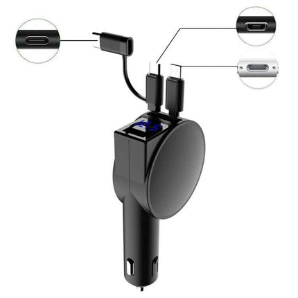 3-In-1 40W Fast Car Charger With Retractable Cable showing retractable cable, three connectors (8‑pin, USB‑C, Android) and LED voltage display