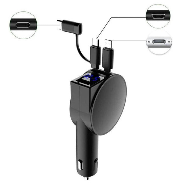 3-In-1 40W Fast Car Charger With Retractable Cable showing retractable cable, three connectors (8‑pin, USB‑C, Android) and LED voltage display