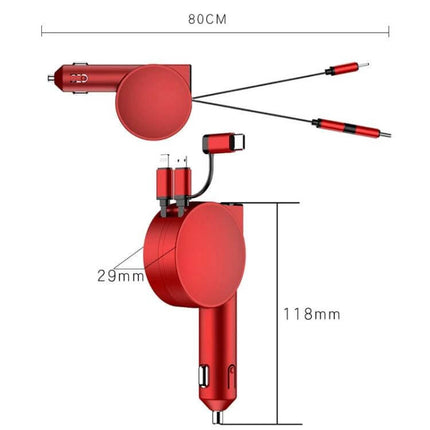 3-In-1 40W Fast Car Charger With Retractable Cable red retractable 80cm cable compact PC housing LED voltage display multi-port car adapter