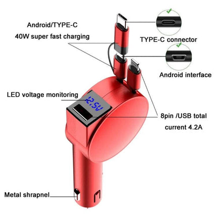 3-In-1 40W Fast Car Charger With Retractable Cable - red PC housing car charger with LED voltage display and 8-pin, Type-C and Android retractable connectors