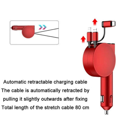 Red 3-In-1 40W Fast Car Charger With Retractable Cable showing LED voltage screen and three retractable connectors, compact PC housing for travel