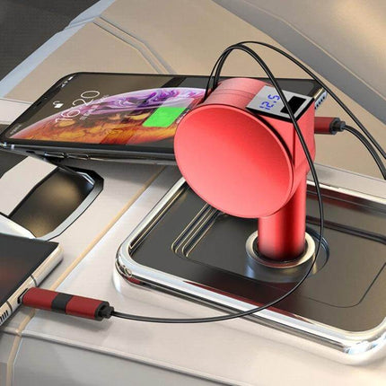 3-In-1 40W Fast Car Charger With Retractable Cable — red compact in-vehicle charger with LED voltage display charging phone and tablet
