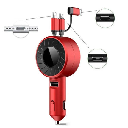 3 In 1 USB Retractable Car Charger Red For Phones And Tablets - compact red retractable multi-port car charger with USB, Type-C, and 8-pin connectors