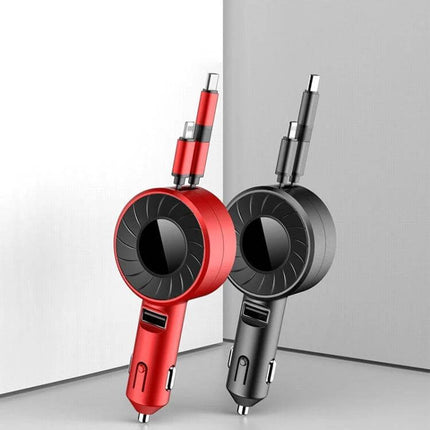3 In 1 USB Retractable Car Charger Red For Phones And Tablets - compact retractable multi-port car charger with 8-pin, Android, Type-C and USB