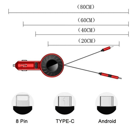3 In 1 USB Retractable Car Charger Red For Phones And Tablets - red retractable 3-in-1 car charger with 8-pin, Type-C and Android connectors, multiple cable lengths (80/60/40/20cm)