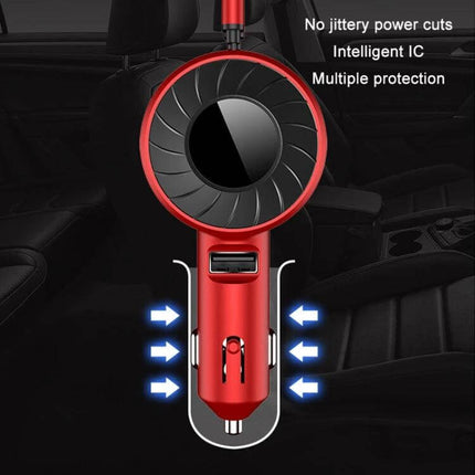 3 In 1 USB Retractable Car Charger Red For Phones And Tablets - compact red multi-port car charger with retractable cables, USB port and safety features