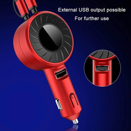3 In 1 USB Retractable Car Charger Red For Phones And Tablets compact red retractable car charger with multi-port USB output for phones and tablets