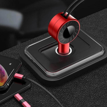3 In 1 USB Retractable Car Charger Red For Phones And Tablets — compact red retractable multi-port car charger with 8-pin, Android, Type-C and USB connections