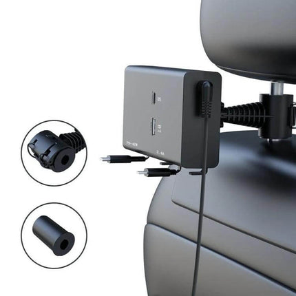 65W PD Dual Cable Retractable Car USB Charger For In Car Use mounted on headrest with retractable 60cm cords and dual USB ports