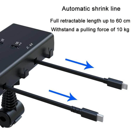 65W PD Dual Cable Retractable Car USB Charger For In Car Use showing dual retractable 60cm USB-C and Lightning cables and 65W PD ports