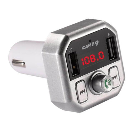B9 Smart Car Charger With LED Display For Hands Free Calls showing dual USB ports, red LED frequency display and call control button