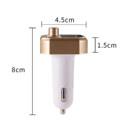 B9 Smart Car Charger With LED Display For Hands Free Calls gold and white compact dual USB car adapter with dimensions shown