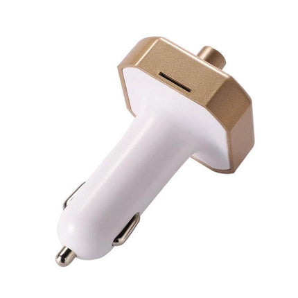 B9 Smart Car Charger With LED Display For Hands Free Calls - compact gold and white dual USB car charger with LED display for hands-free calls