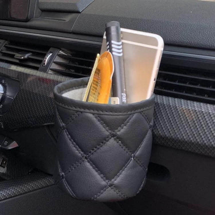 Leather Car Air Vent Organizer For Small Everyday Items In Your Car - black quilted leather vent pocket holding phone, pen, cards