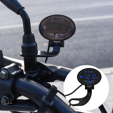Motorcycle Battery Voltage Monitor With Smart Voltage Meter mounted on motorcycle handlebar showing 12.0V real-time reading and clamp bracket