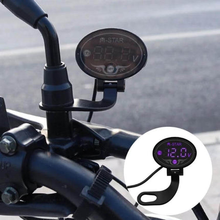 Motorcycle Battery Voltage Monitor With Smart Voltage Meter mounted on motorcycle handlebar showing real-time 12.0V display