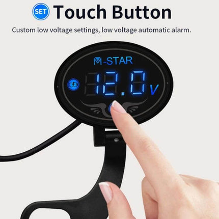 Motorcycle Battery Voltage Monitor With Smart Voltage Meter showing 12.0V blue LED display and touch button for low-voltage alarm