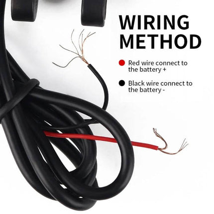 Motorcycle Battery Voltage Monitor With Smart Voltage Meter showing red and black wiring method and exposed battery leads