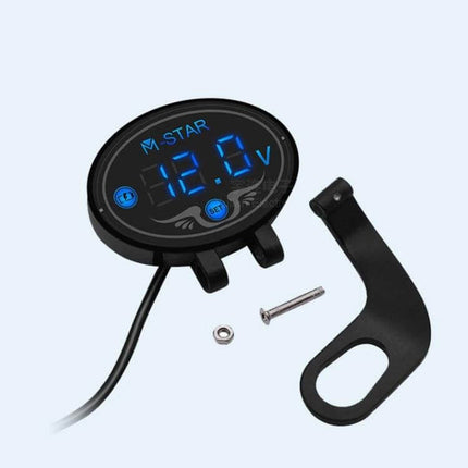 Motorcycle Battery Voltage Monitor With Smart Voltage Meter showing 12.0V blue LED display with mounting bracket and hardware