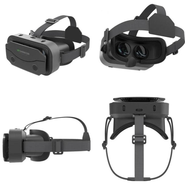 VRSHINECON Virtual Reality Glasses for Mobile Entertainment showing front, interior lenses, side and rear views with adjustable head straps