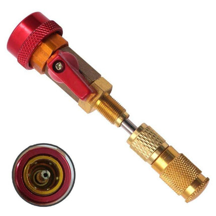 Automobile Air Conditioning Valve Core Disassembly Tool High Pressure - brass valve body with aluminum knob, straight-through design for R134A A/C maintenance