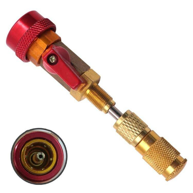 Automobile Air Conditioning Valve Core Disassembly Tool High Pressure - brass valve body with aluminum knob, straight-through design for R134A A/C maintenance