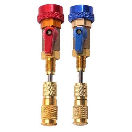 Automobile Air Conditioning Valve Core Disassembly Tool High Pressure - brass valve body with red and blue aluminum knobs for R134A A/C maintenance