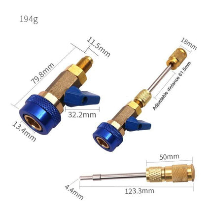 Automobile Air Conditioning Valve Core Disassembly Tool High Pressure - brass valve body with aluminum knob, R134A straight-through design, dimensions shown