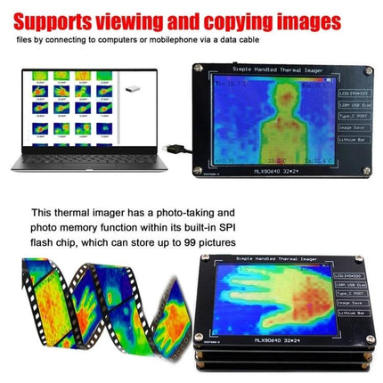 Handheld Thermal Imaging Camera for Home and Industrial Use showing thermal scans on device and laptop, detecting insulation and equipment hotspots