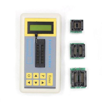 Integrated Circuit Tester for Transistors and Chips handheld device with LCD and three interchangeable ZIF chip adapters for testing 74CH CMOS and op amps