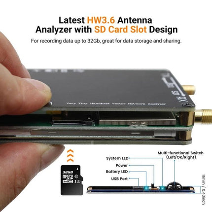 Portable Vector Network Analyzer for Radio Frequency Antenna Testing with SD card slot, built-in battery and compact handheld design