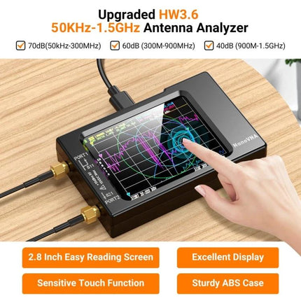 Portable Vector Network Analyzer for Radio Frequency Antenna Testing handheld unit with touch screen measuring antenna SWR and S11 in field
